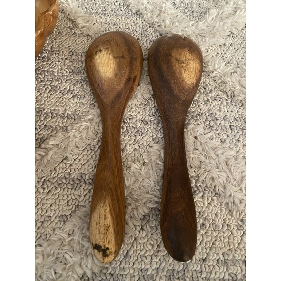 7pcs VTG 60s MCM Tiki Hawaiian Serving Bowl Set TEAK Wood Flower Shape Utensils - Picture 4 of 9